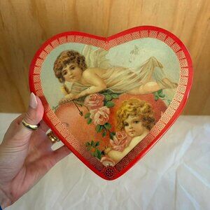 Vintage cherub angel heart shaped tin container
